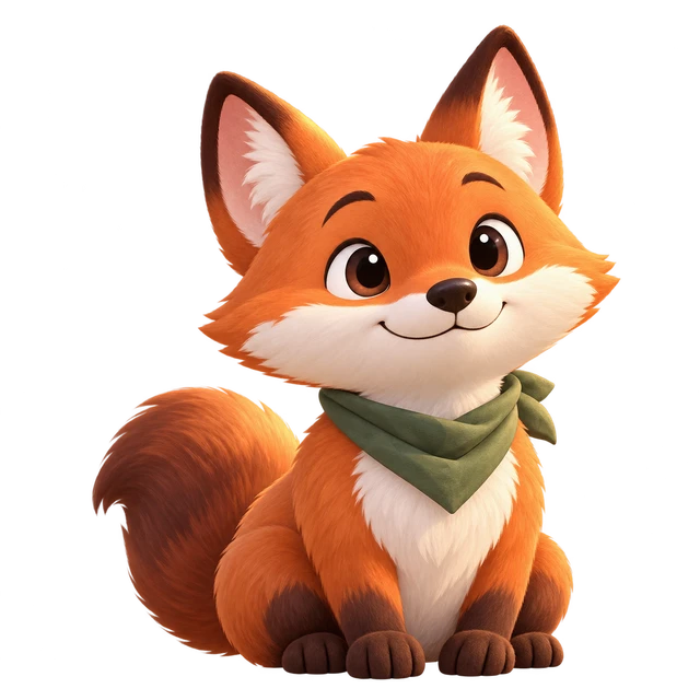 Fox, Worldlet’s orange companion wearing a sage scarf